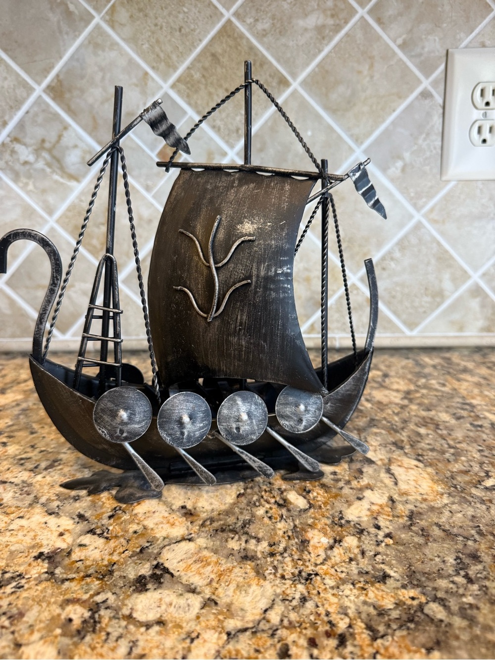 Vintage Metal Tin Boat Pirate Ship Sculpture Nautical Decor, great condition